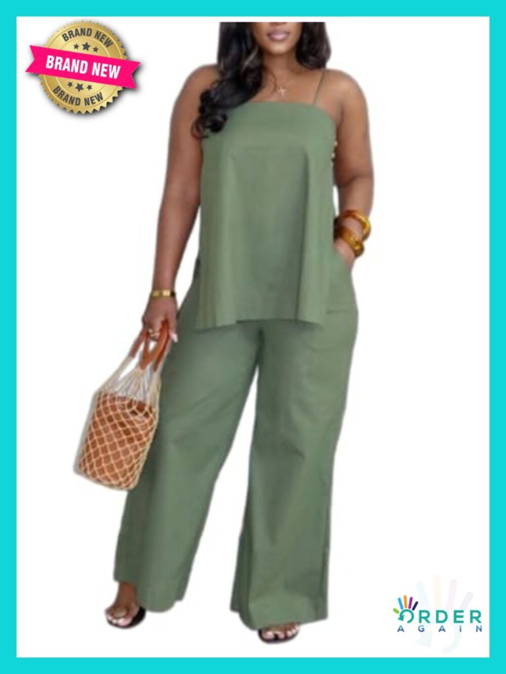 Linen 2 Piece Set - Spaghetti Strap Tank Top and Wide Leg Pants, Summer Vacation